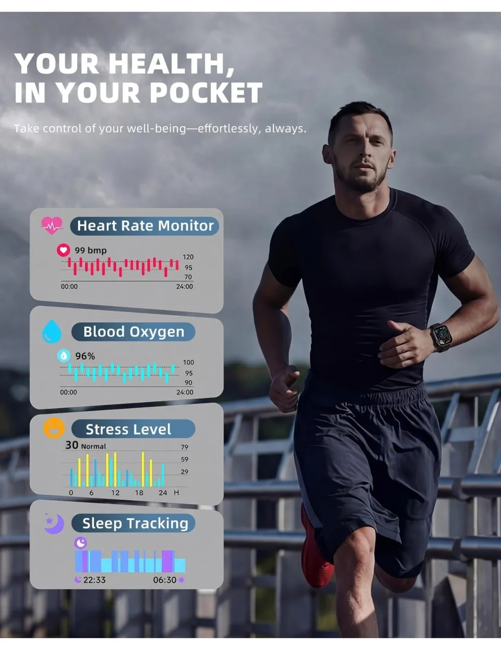 Black Smartwatch with Silicone Band - Touchscreen 1.83